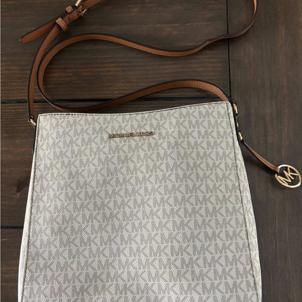 Michael Kors Beige Logo Crossbody with Brown Leather Strap